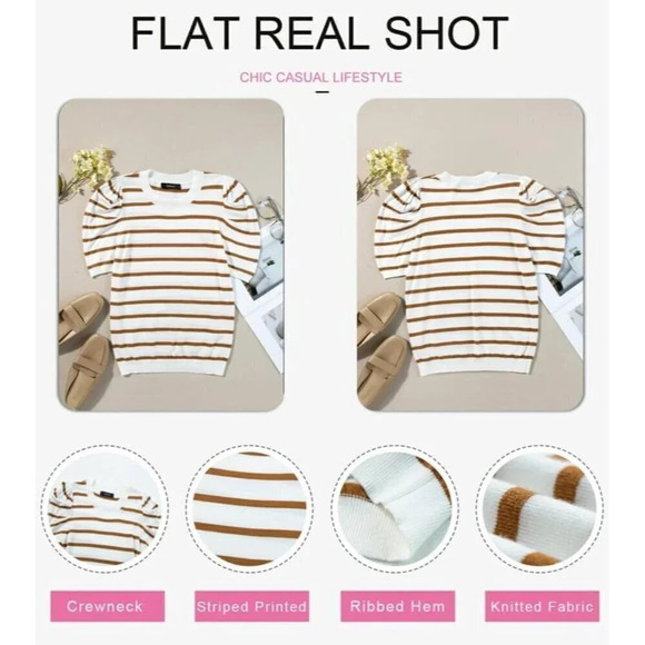 women's Polyester blend Crewneck Casual  Striped Pullover Knitted Shrug Sweaters - Picture 3 of 6